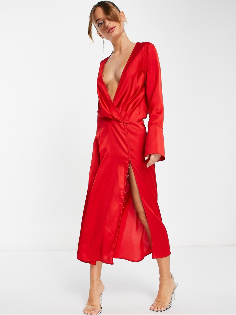 NWT asos design bias cut drape midi maxi dress red satin slit hem open back